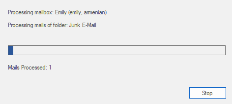 The process screen will appear, displaying the status of mailbox processing, mails of folder processing, and the number of mails processed.